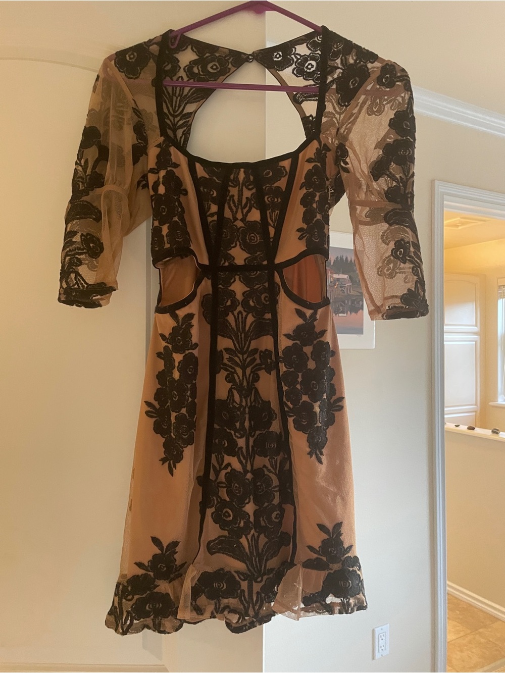 Elegant Black-Velvet  Embroidered Mini Dress on nude sheer- For Love and Lemons